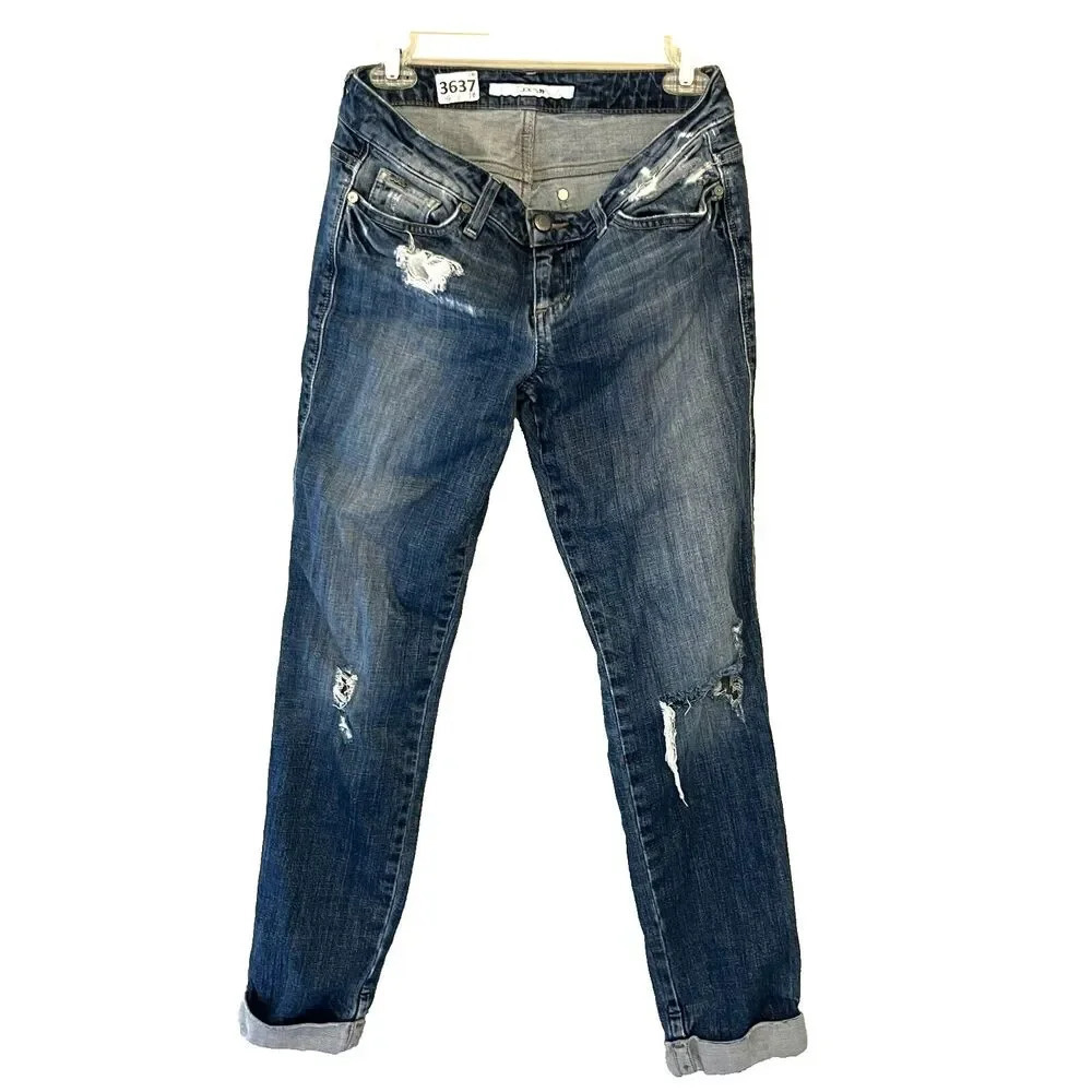 Joe's Womens Blue Denim Jeans W 28 Straight Chelsea Fit Stretch Cuffed Distress